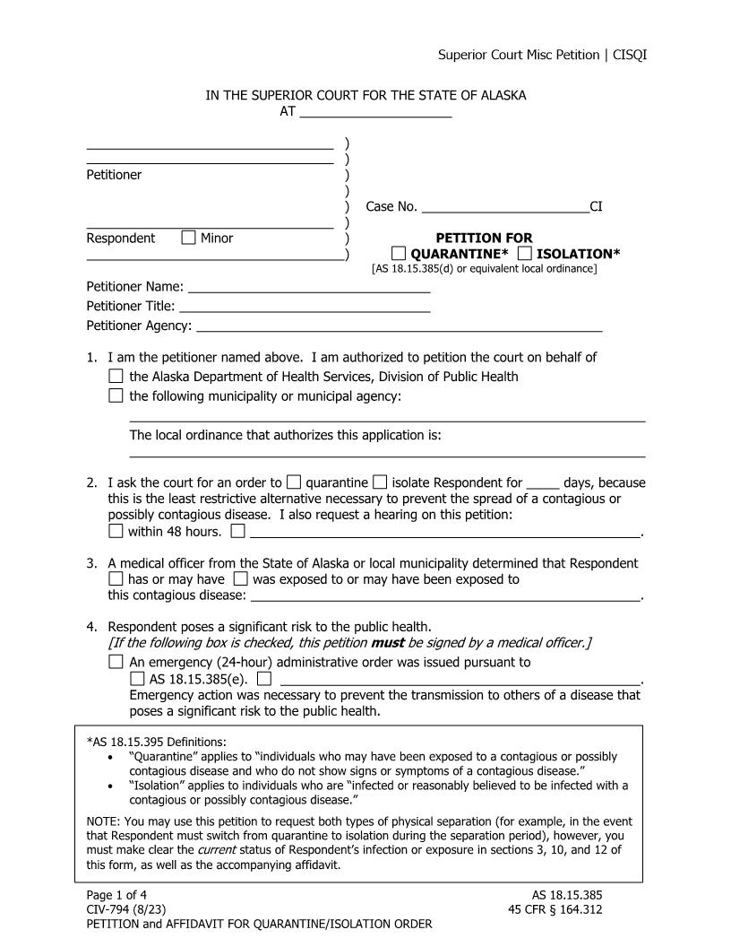 Petition For Quarantine Or Isolation {CIV-794} | Pdf Fpdf Doc Docx | Alaska