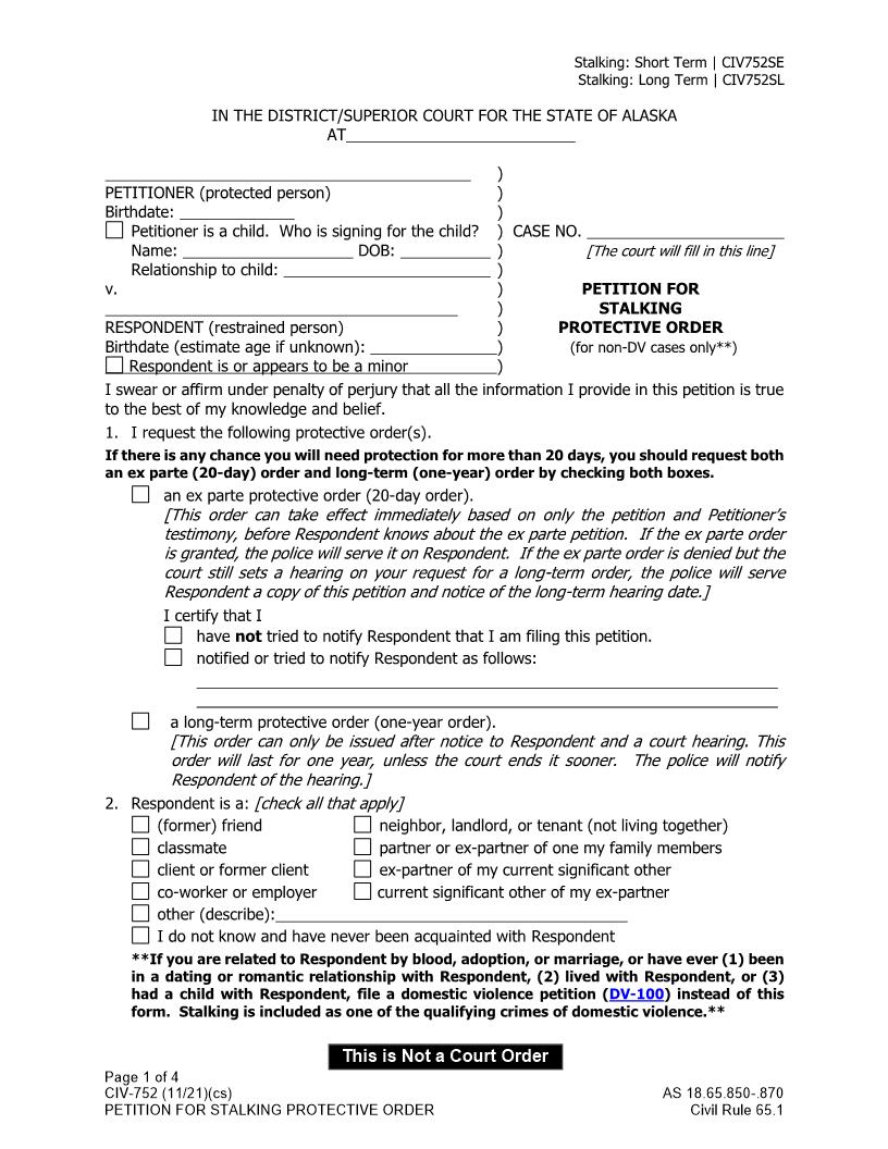 Petition For Stalking Or Sexual Assault Protective Order {CIV-752} | Pdf Fpdf Doc Docx | Alaska