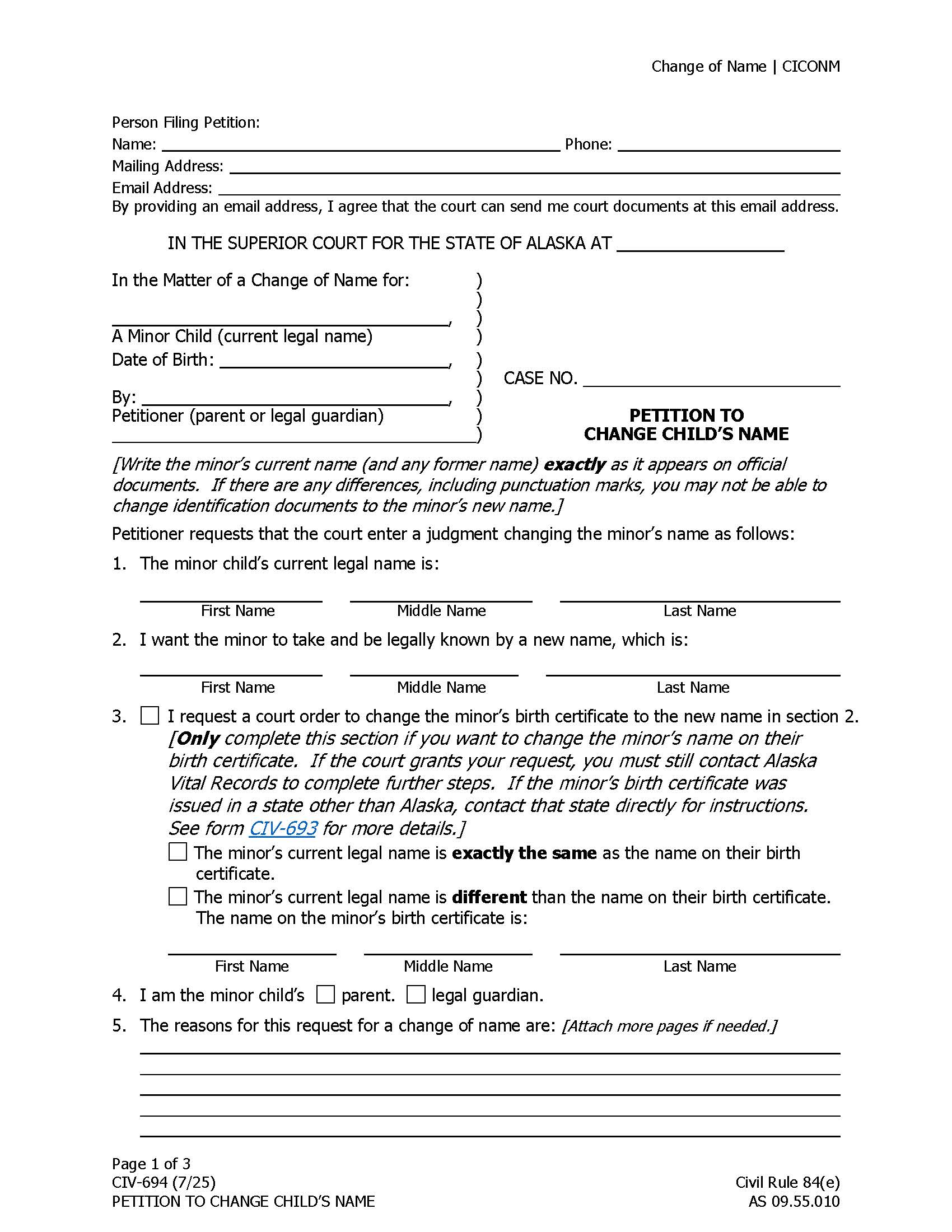 Petition To Change Childs Name {CIV-694} | Pdf Fpdf Doc Docx | Alaska