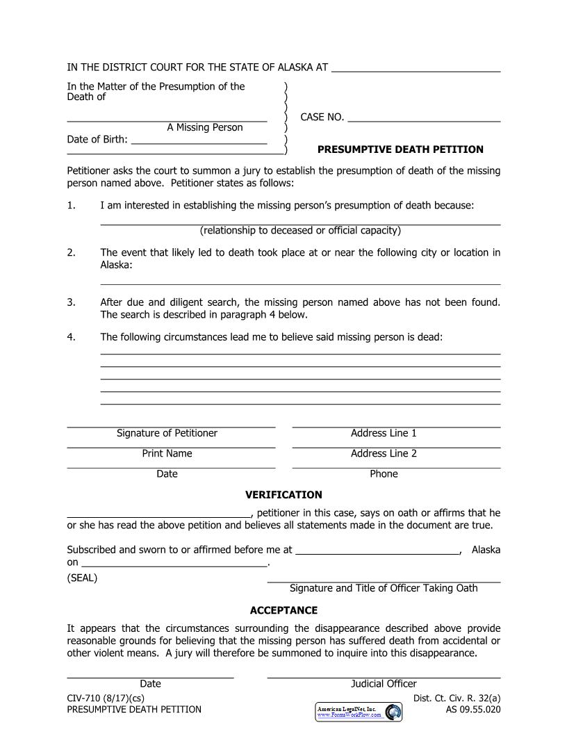 Presumptive Death Petition {CIV-710} | Pdf Fpdf Docx | Alaska