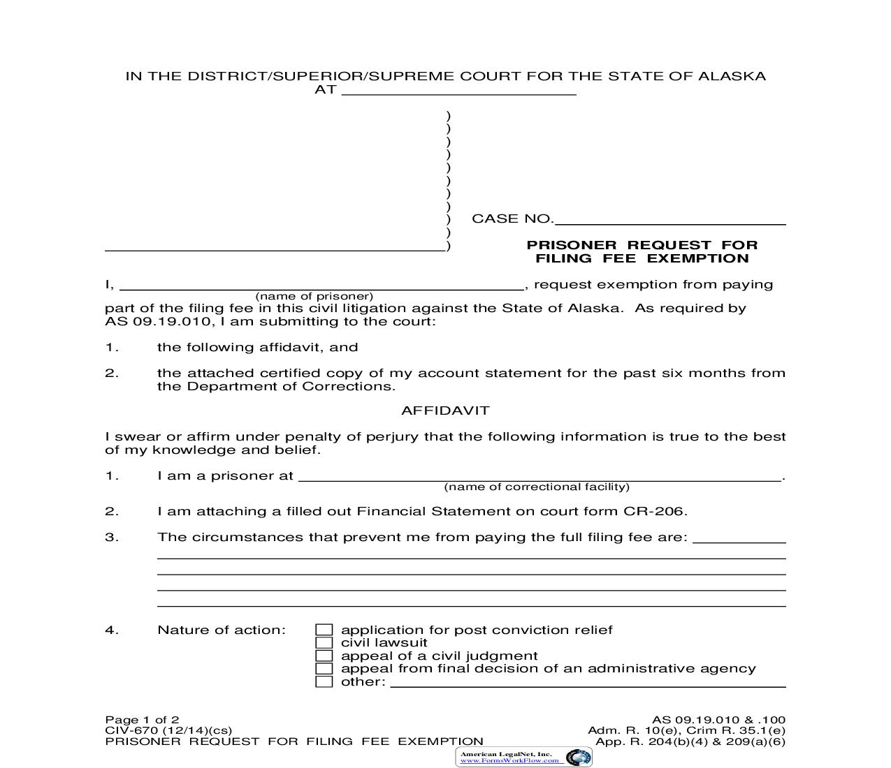 Prisoner Request For Filing Fee Exemption {CIV-670} | Pdf Fpdf Doc Docx | Alaska