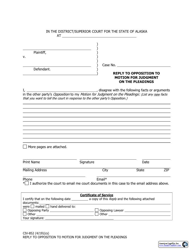 Reply To Opposition To Motion For Judgment On The Pleadings {CIV-852} | Pdf Fpdf Docx | Alaska
