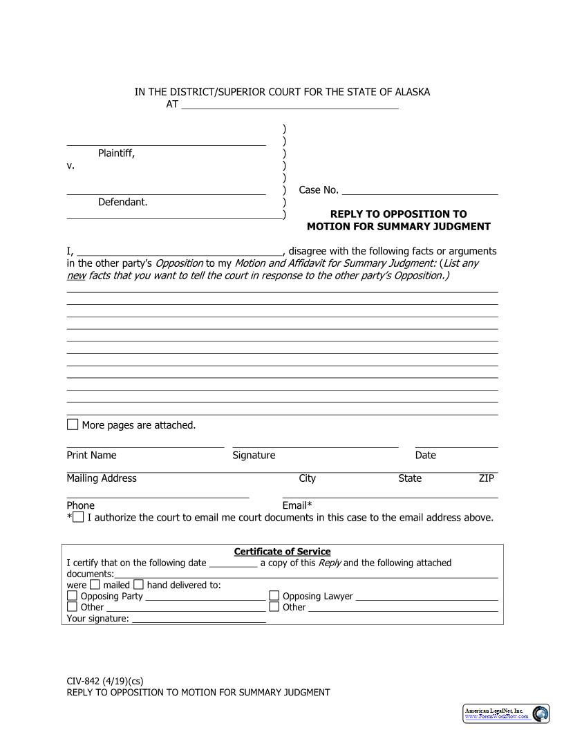 Reply To Opposition To Motion For Summary Judgment {CIV-842} | Pdf Fpdf Docx | Alaska