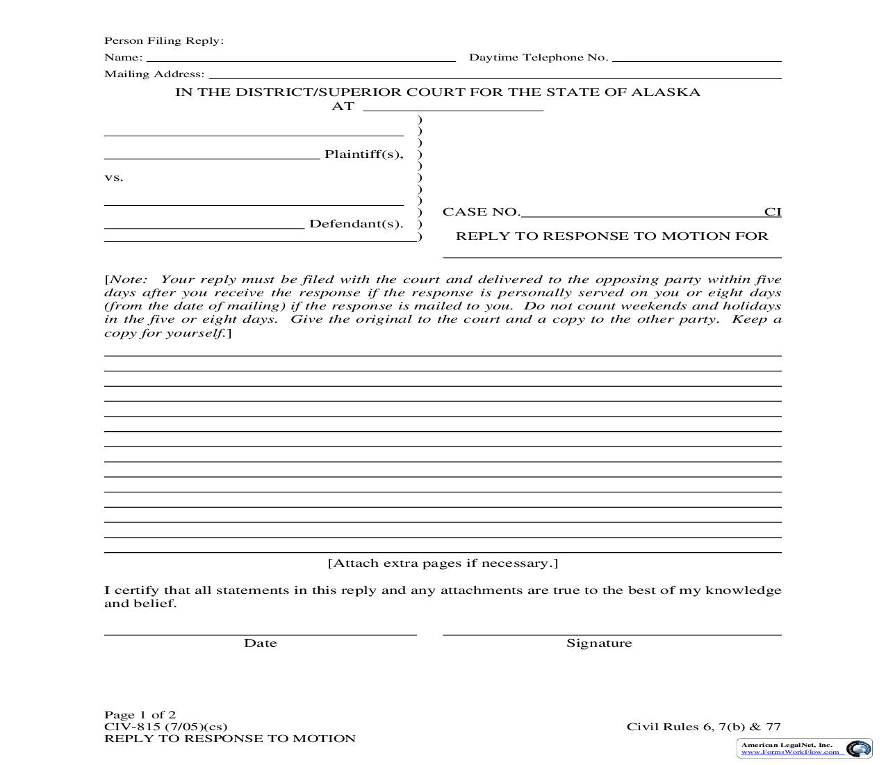 Reply To Response To Motion {CIV-815} | Pdf Fpdf Doc Docx | Alaska