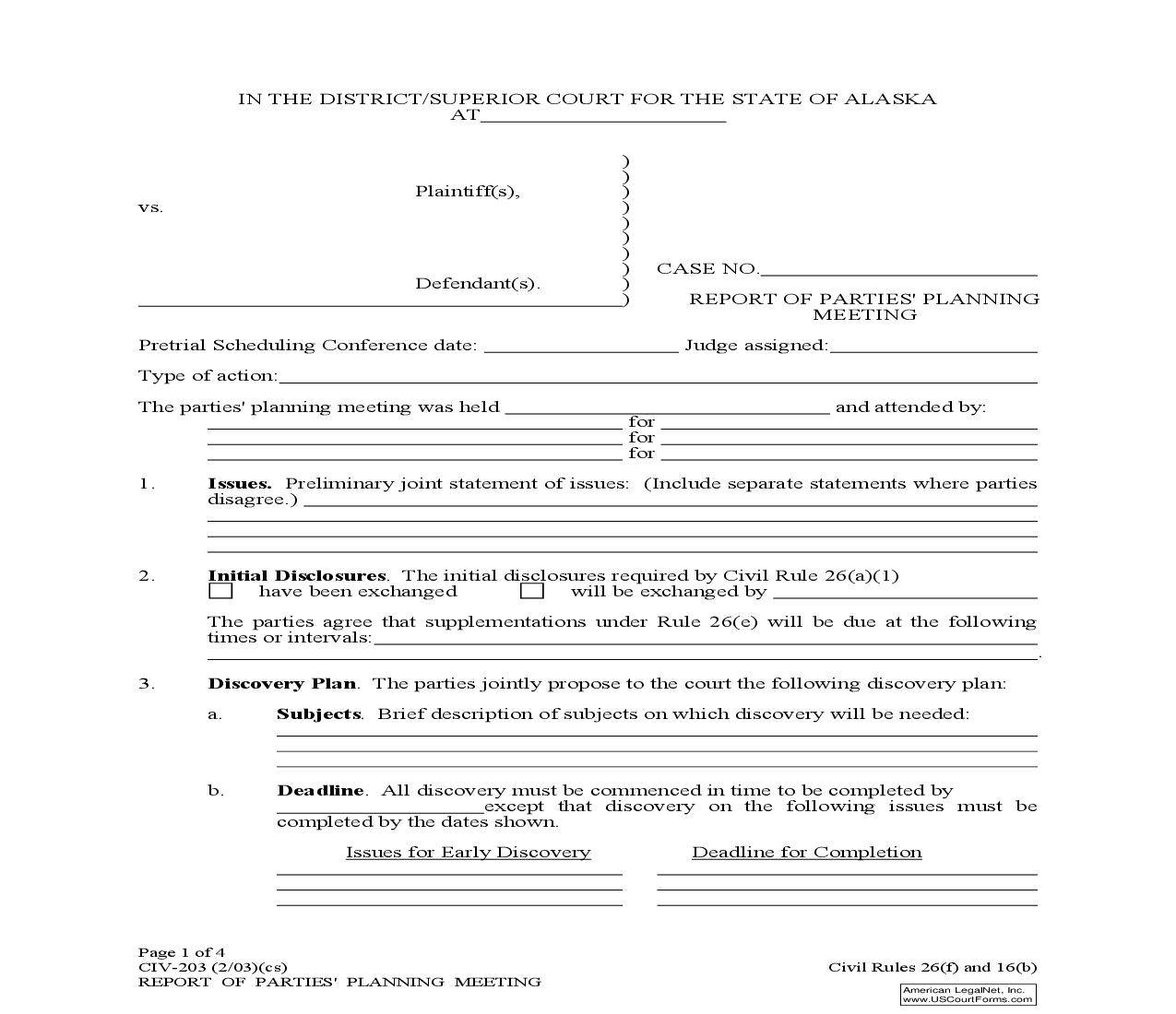 Report Of Parties Planning Meeting {CIV-203} | Pdf Fpdf Doc Docx | Alaska