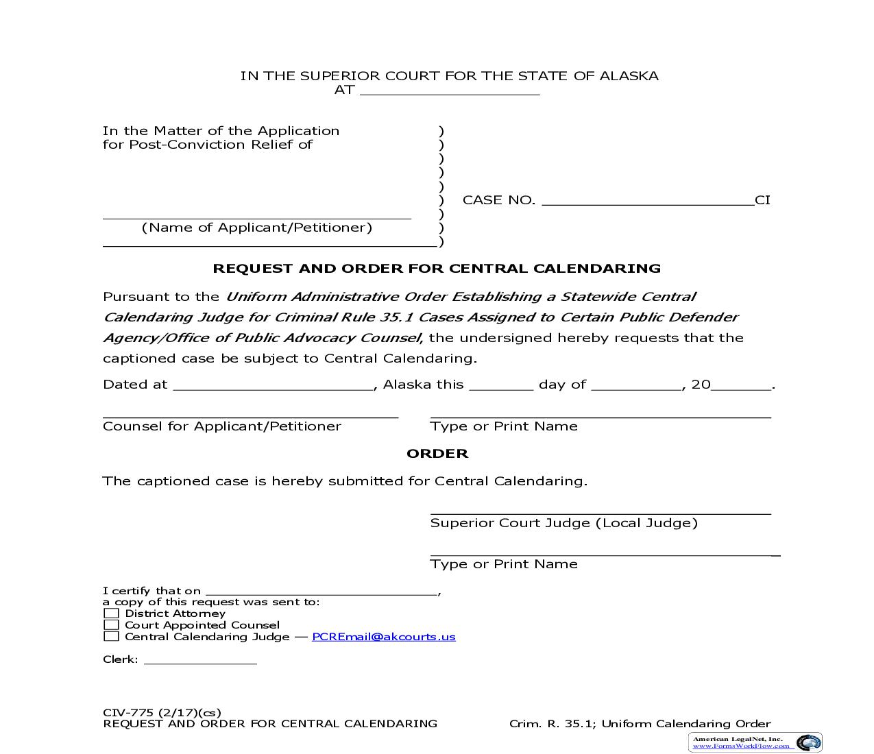 Request And Order For Central Calendaring {CIV-775} | Pdf Fpdf Doc Docx | Alaska