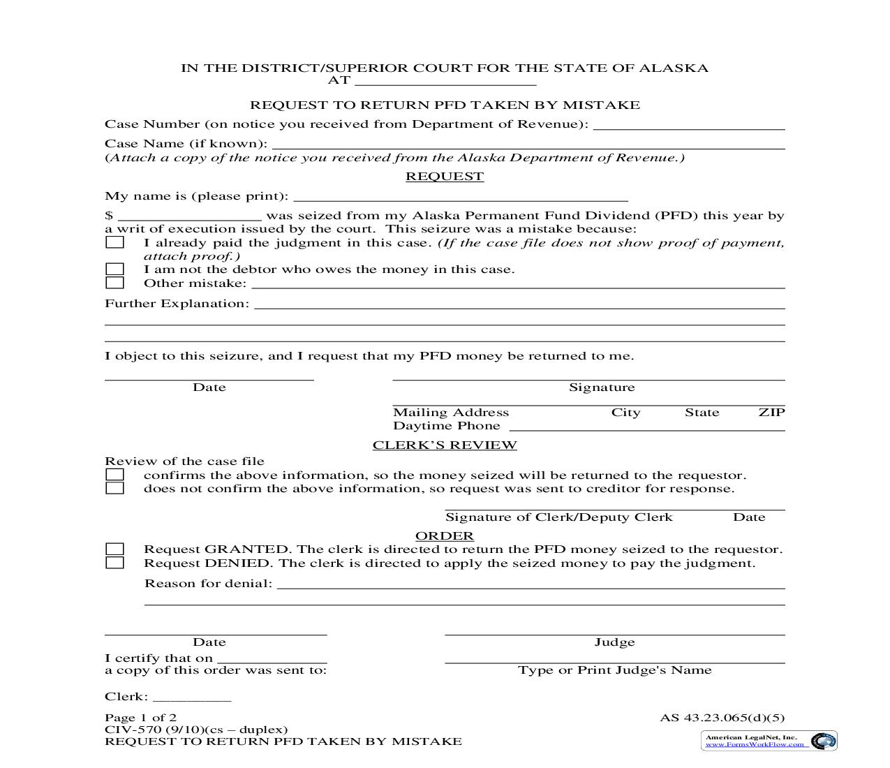 Request To Return PFD Taken By Mistake {CIV-570} | Pdf Fpdf Doc Docx | Alaska