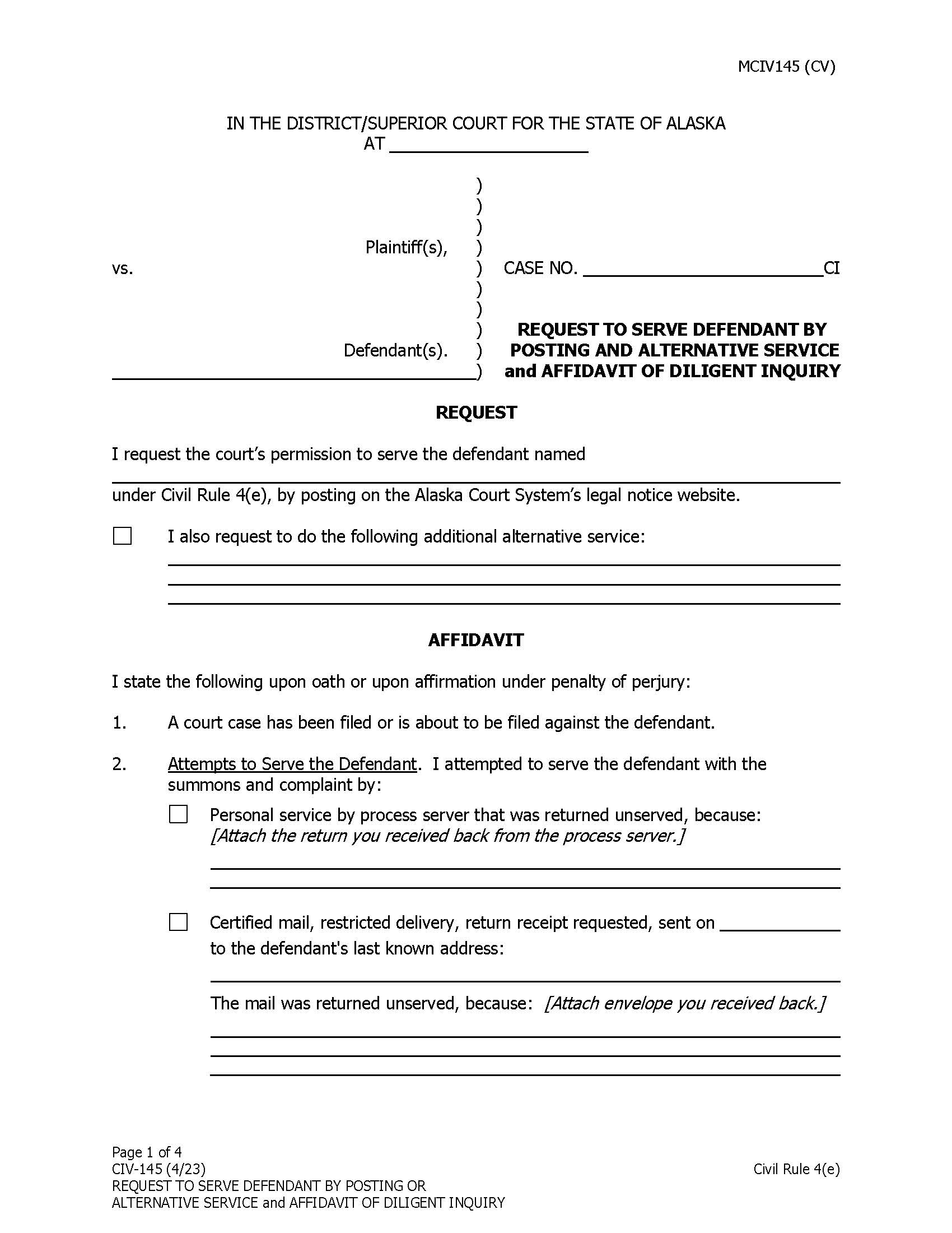 Request To Serve Defendant By Posting And Alternative Service {CIV-145} | Pdf Fpdf Docx | Alaska