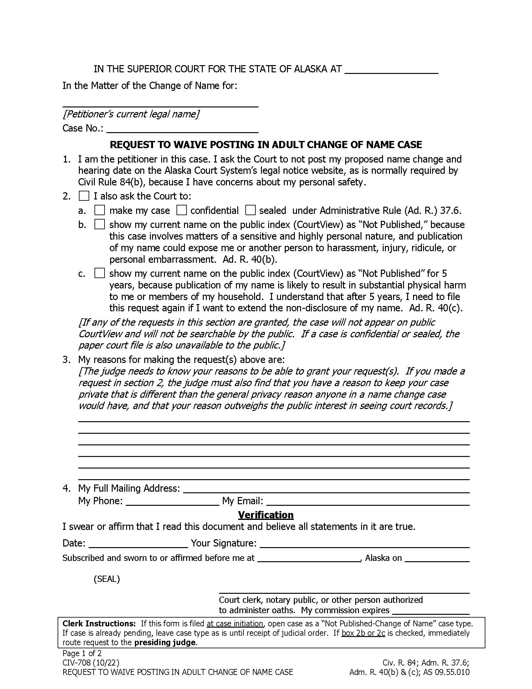 Request To Waive Posting In Adult Change Of Name Case {CIV-708} | Pdf Fpdf Doc Docx | Alaska