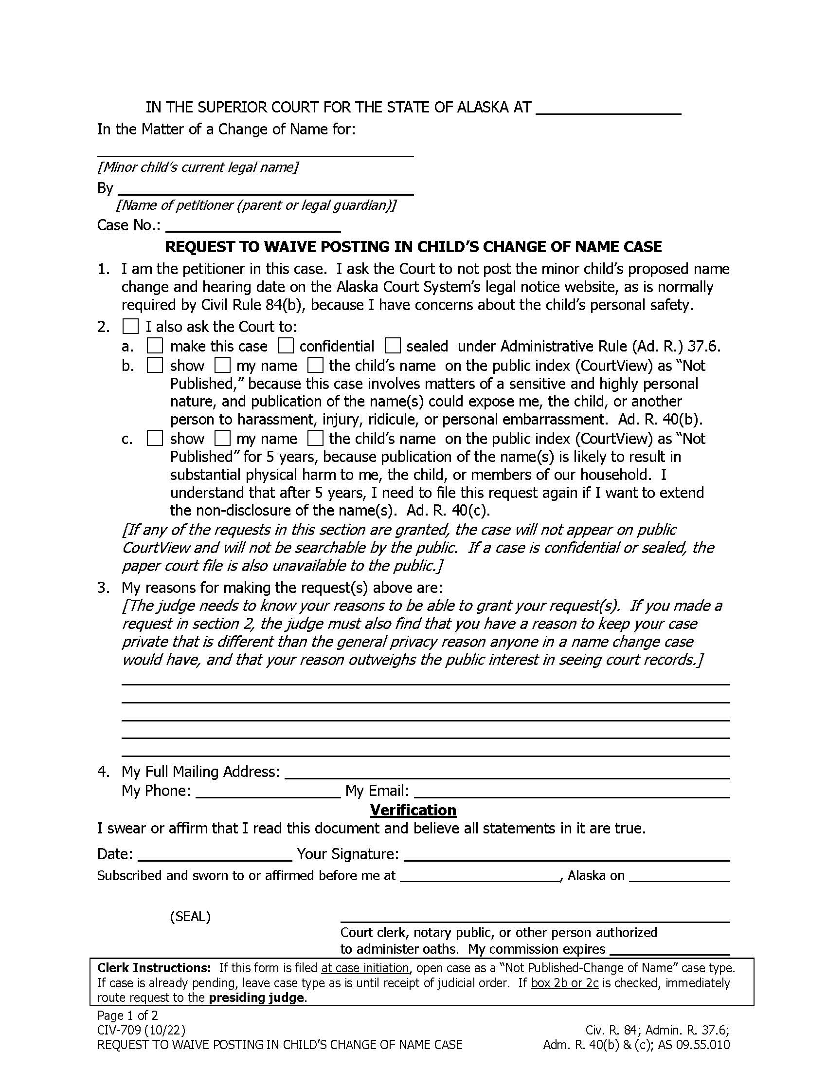 Request To Waive Posting In Childs Change Of Name Case {CIV-709} | Pdf Fpdf Doc Docx | Alaska