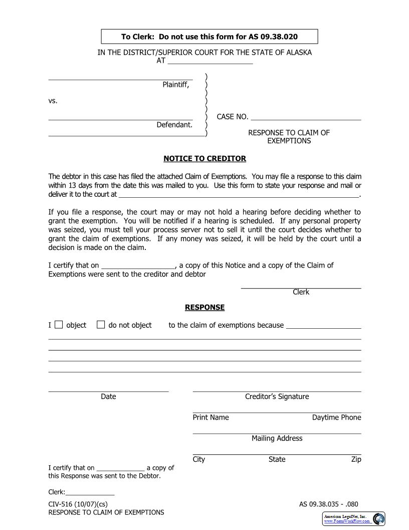 Response To Claim Of Exemptions {CIV-516} | Pdf Fpdf Docx | Alaska