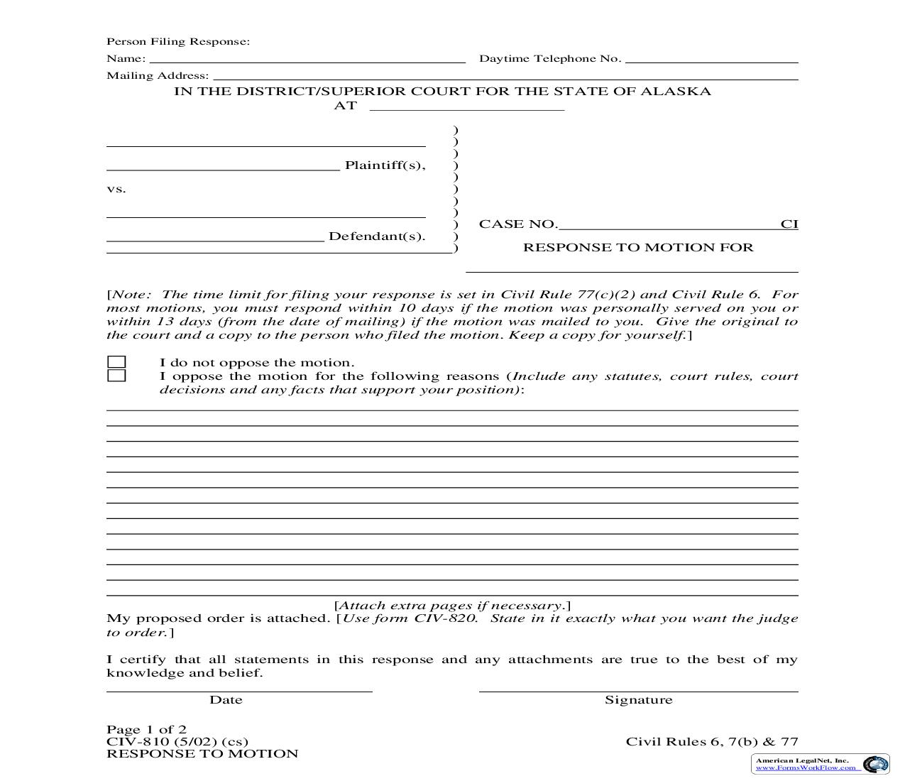 Response To Motion {CIV-810} | Pdf Fpdf Doc Docx | Alaska