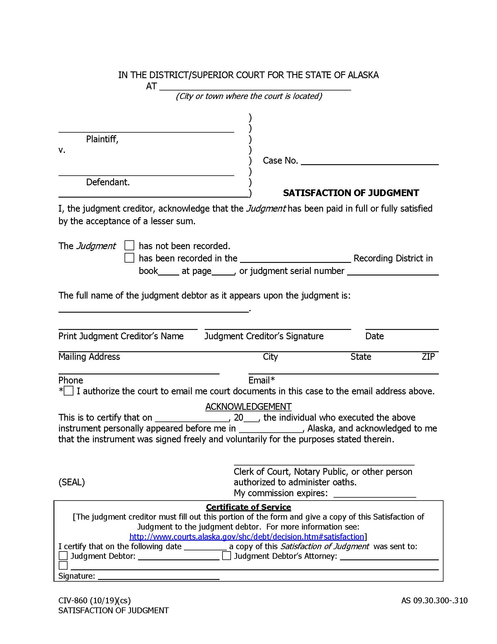 Satisfaction Of Judgment {CIV-860} | Pdf Fpdf Docx | Alaska