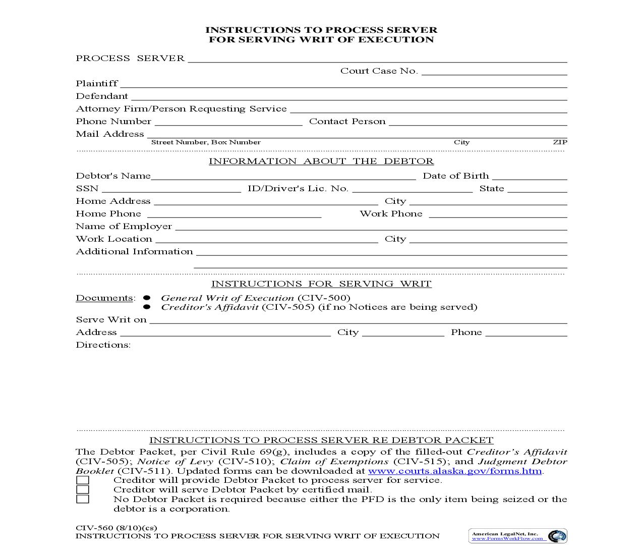 Service Instructions For Writ Of Execution {CIV-560} | Pdf Fpdf Doc Docx | Alaska