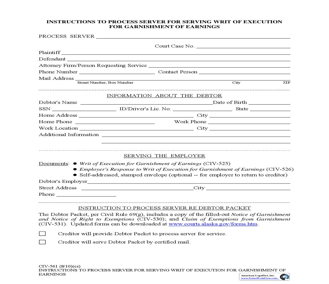 Service Instructions For Writ Of Execution For Garnishment Of Earnings {CIV-561} | Pdf Fpdf Doc Docx | Alaska