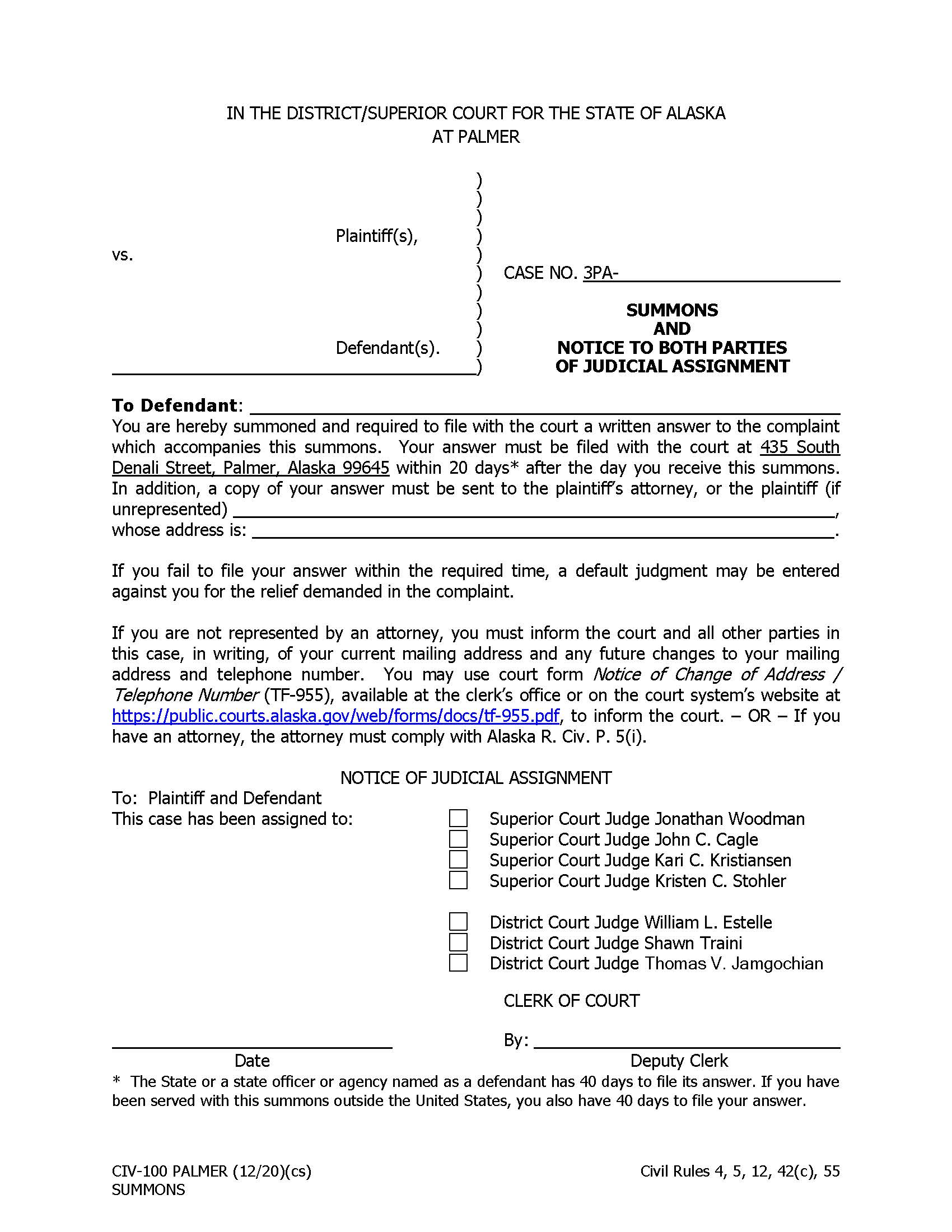 Summons And Notice To Both Parties Of Judicial Assignment {CIV-100} | Pdf Fpdf Docx | Alaska