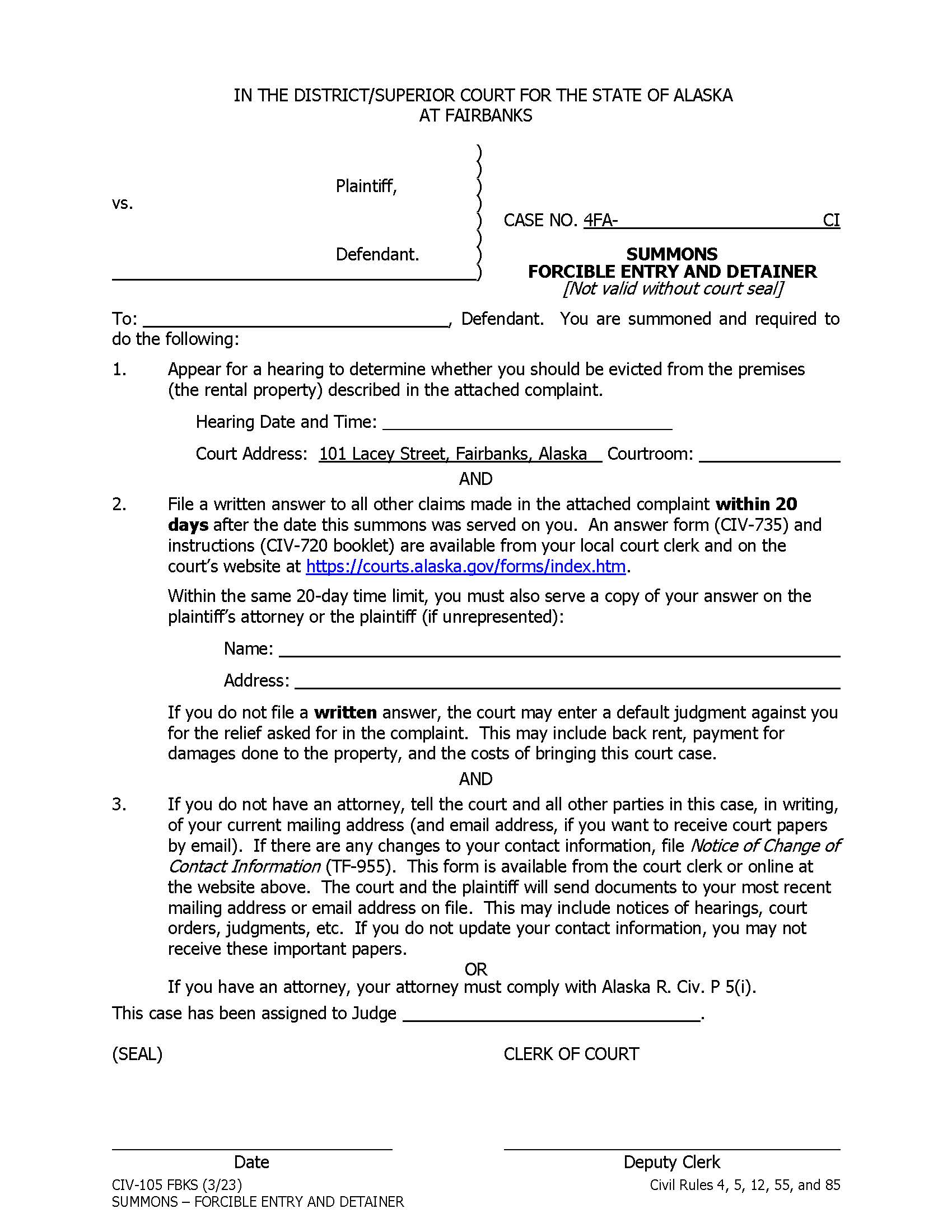 Summons Forcible Entry And Detainer {CIV-105} | Pdf Fpdf Doc Docx | Alaska