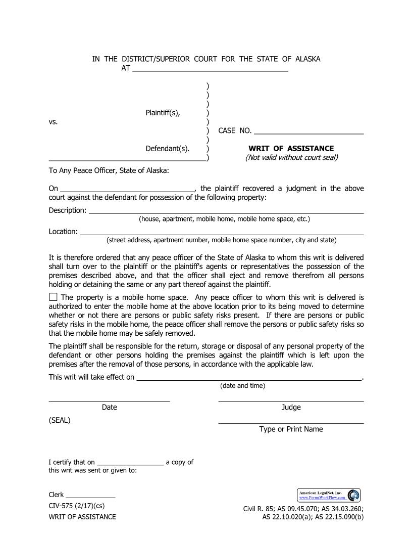 Writ Of Assistance {CIV-575} | Pdf Fpdf Docx | Alaska