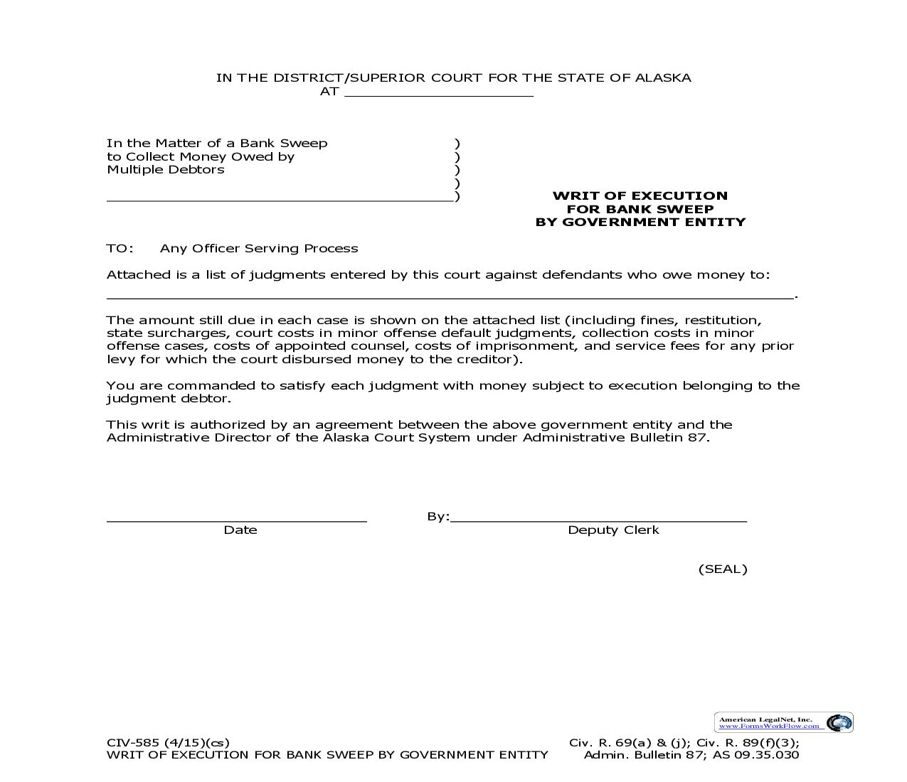 Writ Of Execution For Bank Sweep By Government Entity {CIV-585} | Pdf Fpdf Doc Docx | Alaska