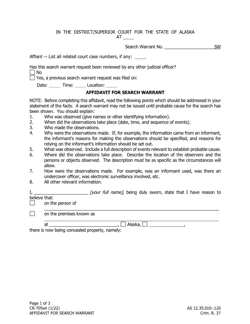 Affidavit For Search Warrant {CR-705} | Pdf Fpdf Docx | Alaska
