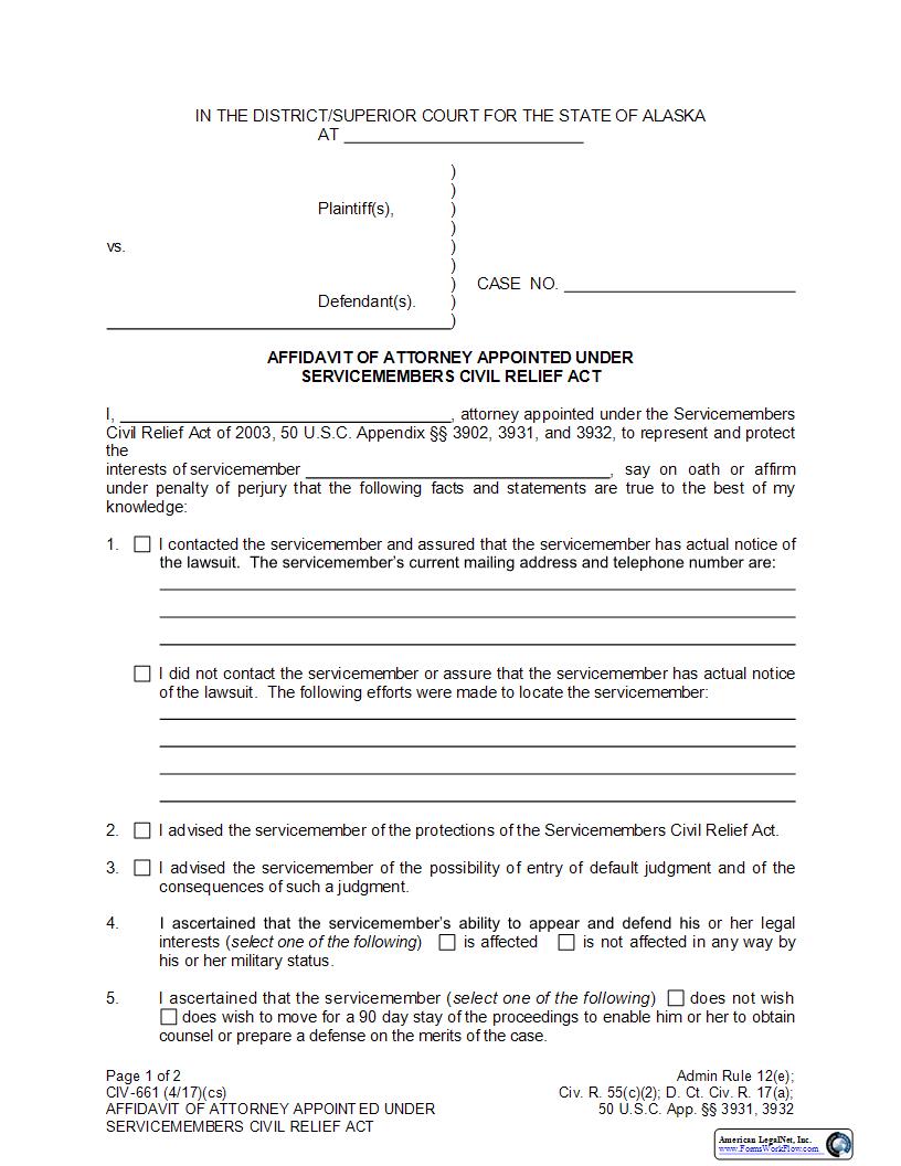 Affidavit Of Attorney Appointed Under Servicemembers Civil Relief Act {CIV-661} | Pdf Fpdf Docx | Alaska