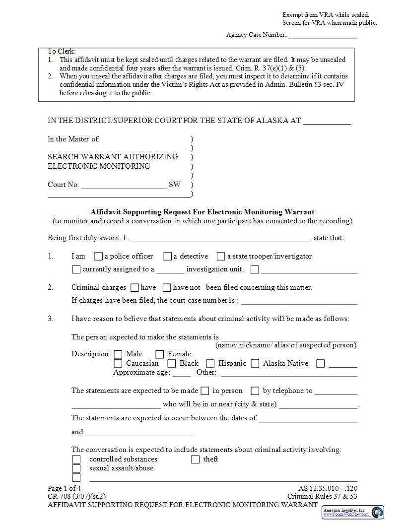 Affidavit Supporting Request For Electronic Monitoring Warrant {CR-708} | Pdf Fpdf Docx | Alaska