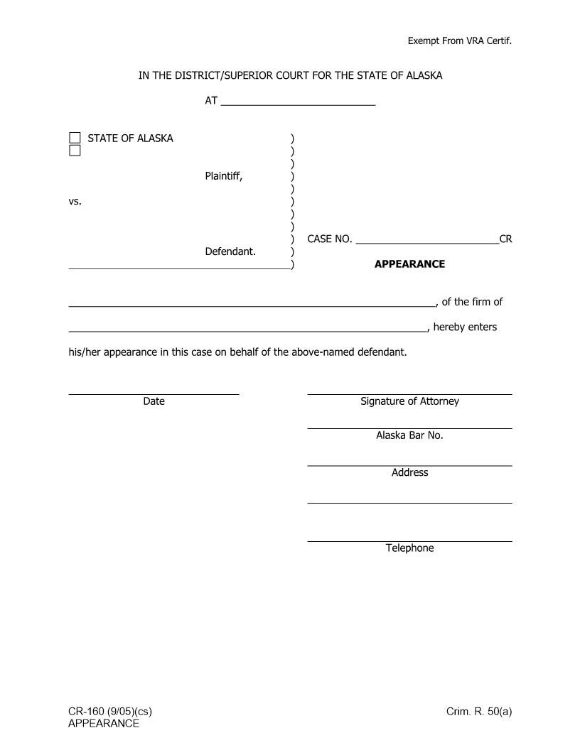 Appearance {CR-160} | Pdf Fpdf Doc Docx | Alaska