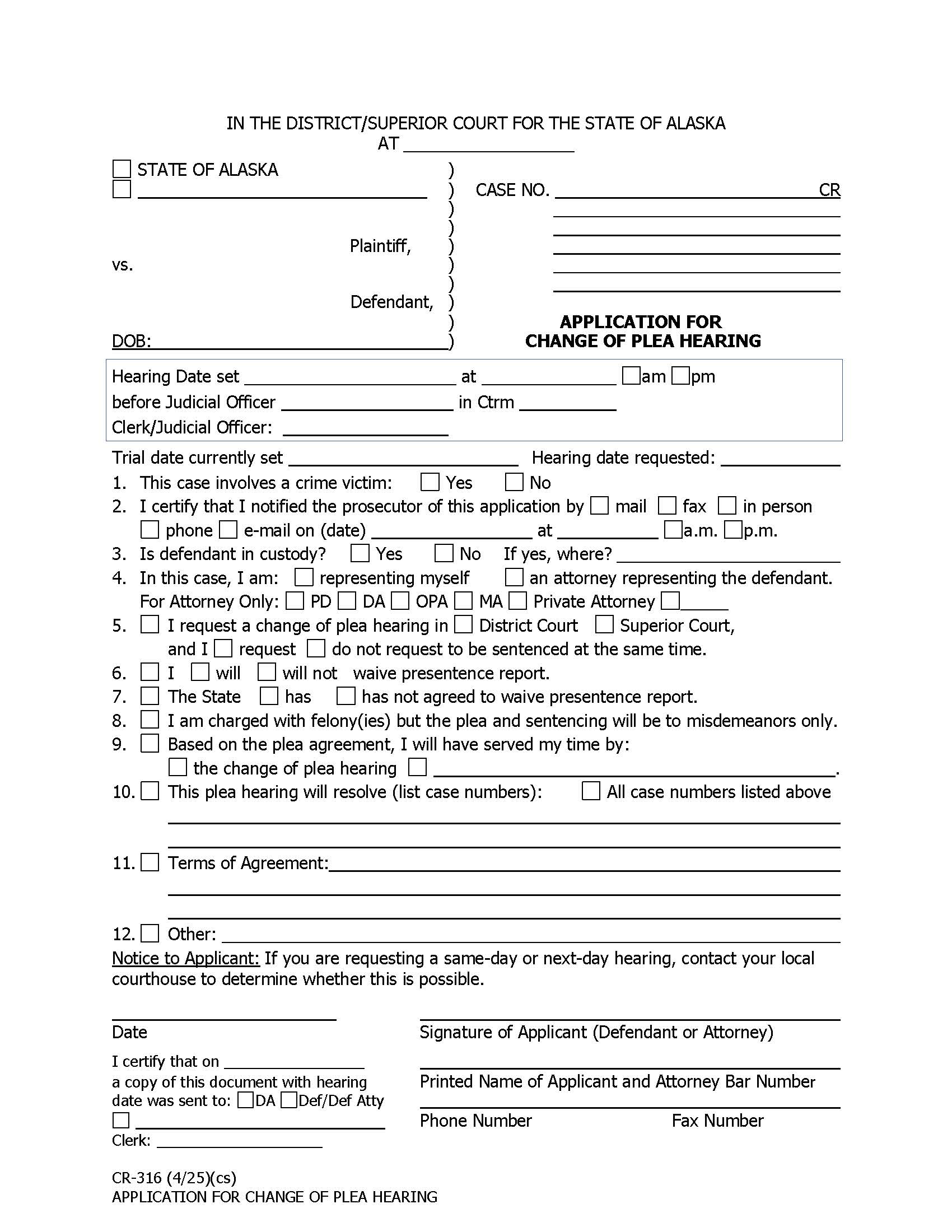 Application For Change Of Plea Hearing {CR-316} | Pdf Fpdf Docx | Alaska