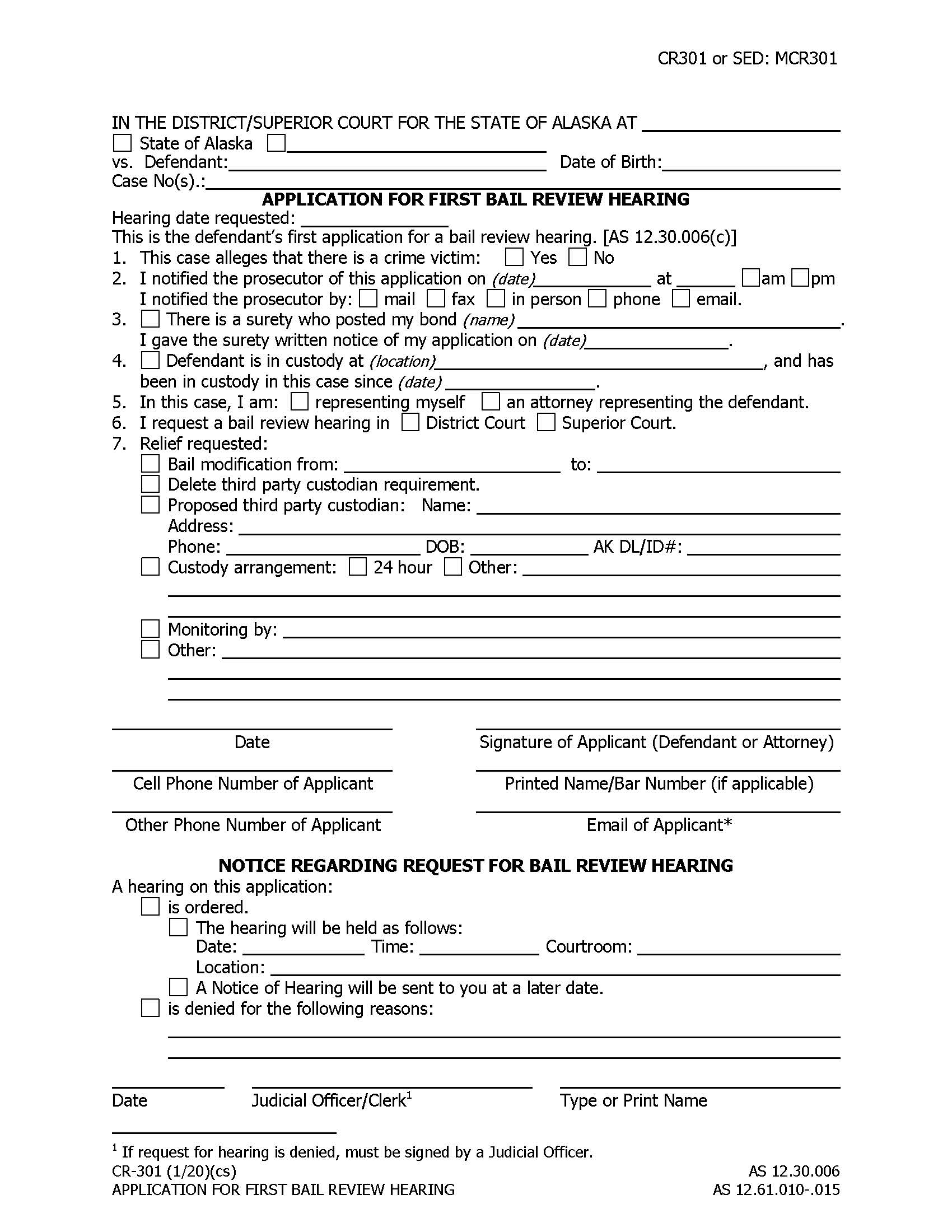 Application For First Bail Review Hearing {CR-301} | Pdf Fpdf Docx | Alaska