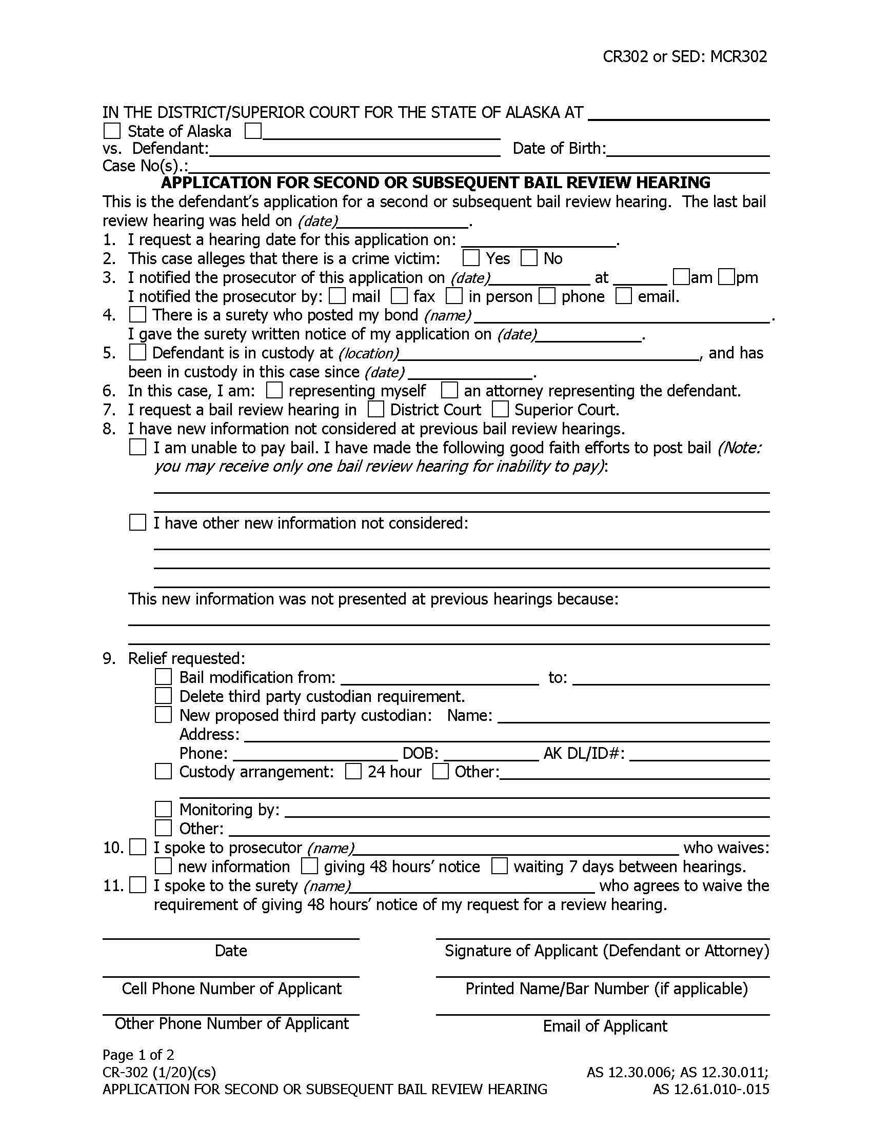 Application For Second Or Subsequent Bail Review Hearing {CR-302} | Pdf Fpdf Docx | Alaska