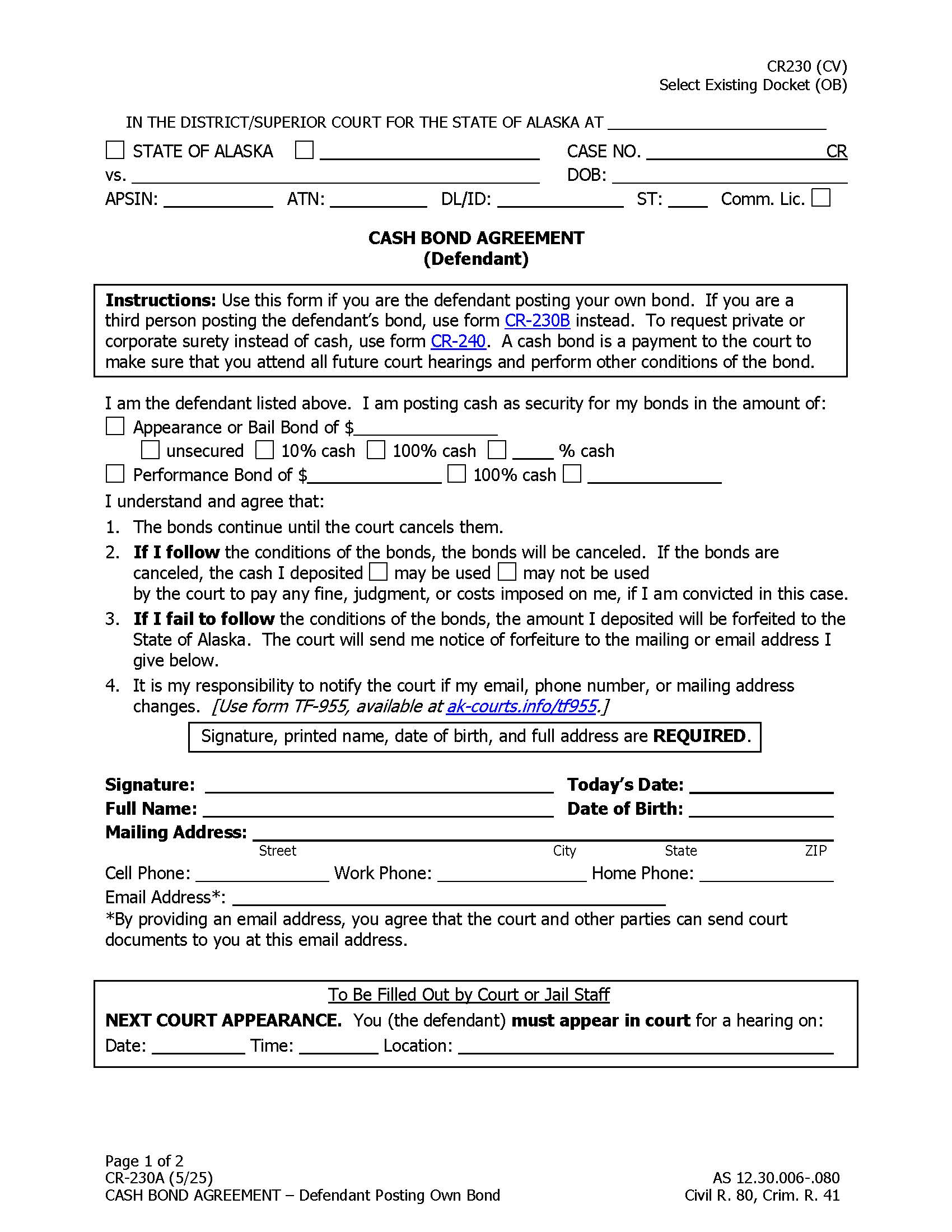 Cash Bond Agreement {CR-230} | Pdf Fpdf Docx | Alaska