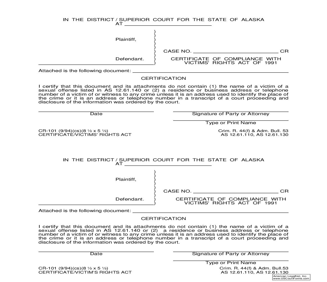 Certificate Of Compliance With Victims Rights Act Of 1991 {CR-101} | Pdf Fpdf Doc Docx | Alaska