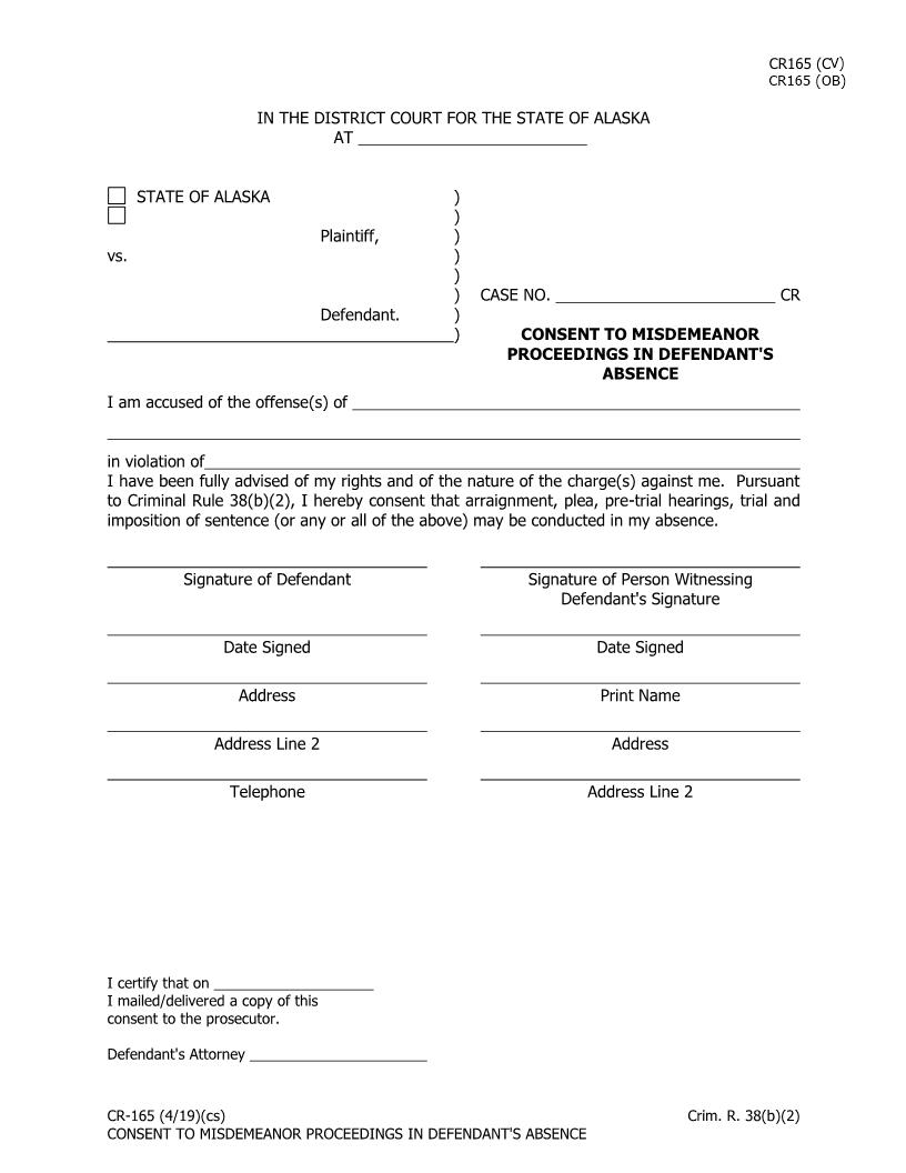 Consent To Misdemeanor Proceedings In Defendants Absence {CR-165} | Pdf Fpdf Docx | Alaska