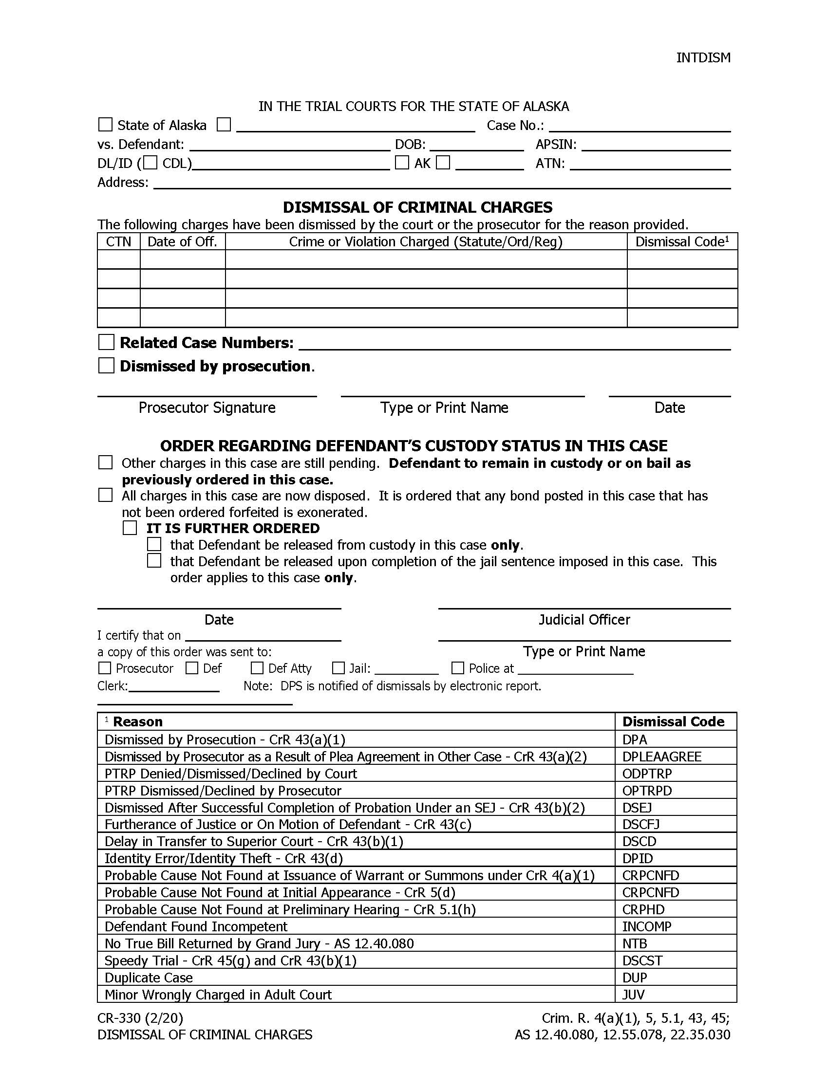Dismissal Of Criminal Charges {CR-330} | Pdf Fpdf Docx | Alaska