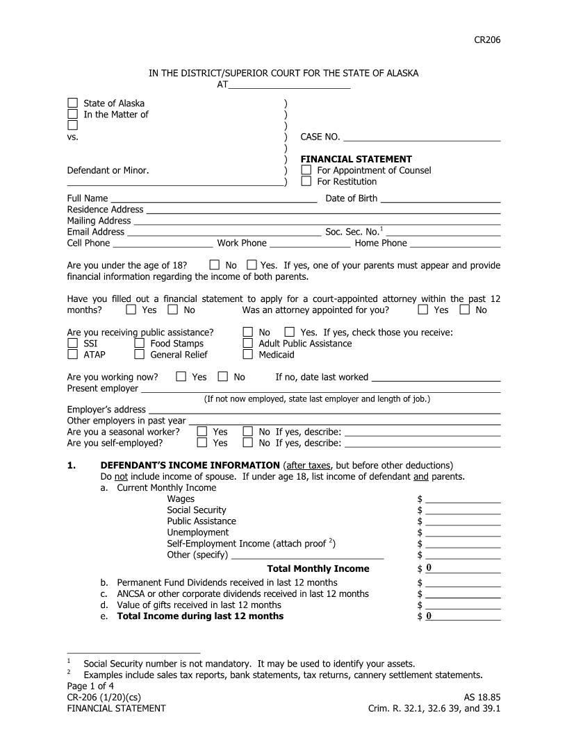 Financial Statement {CR-206} | Pdf Fpdf Docx | Alaska