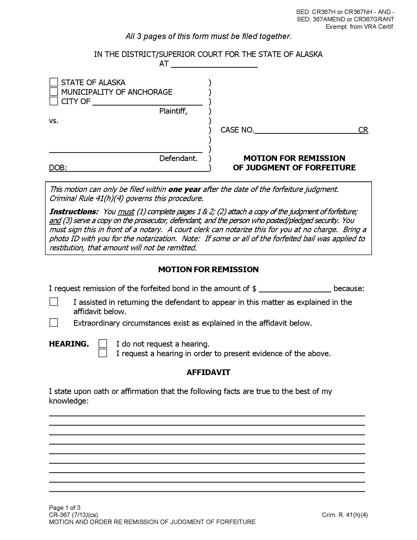 Motion For Remission Of Judgment Of Forfeiture {CR-367} | Pdf Fpdf Docx | Alaska