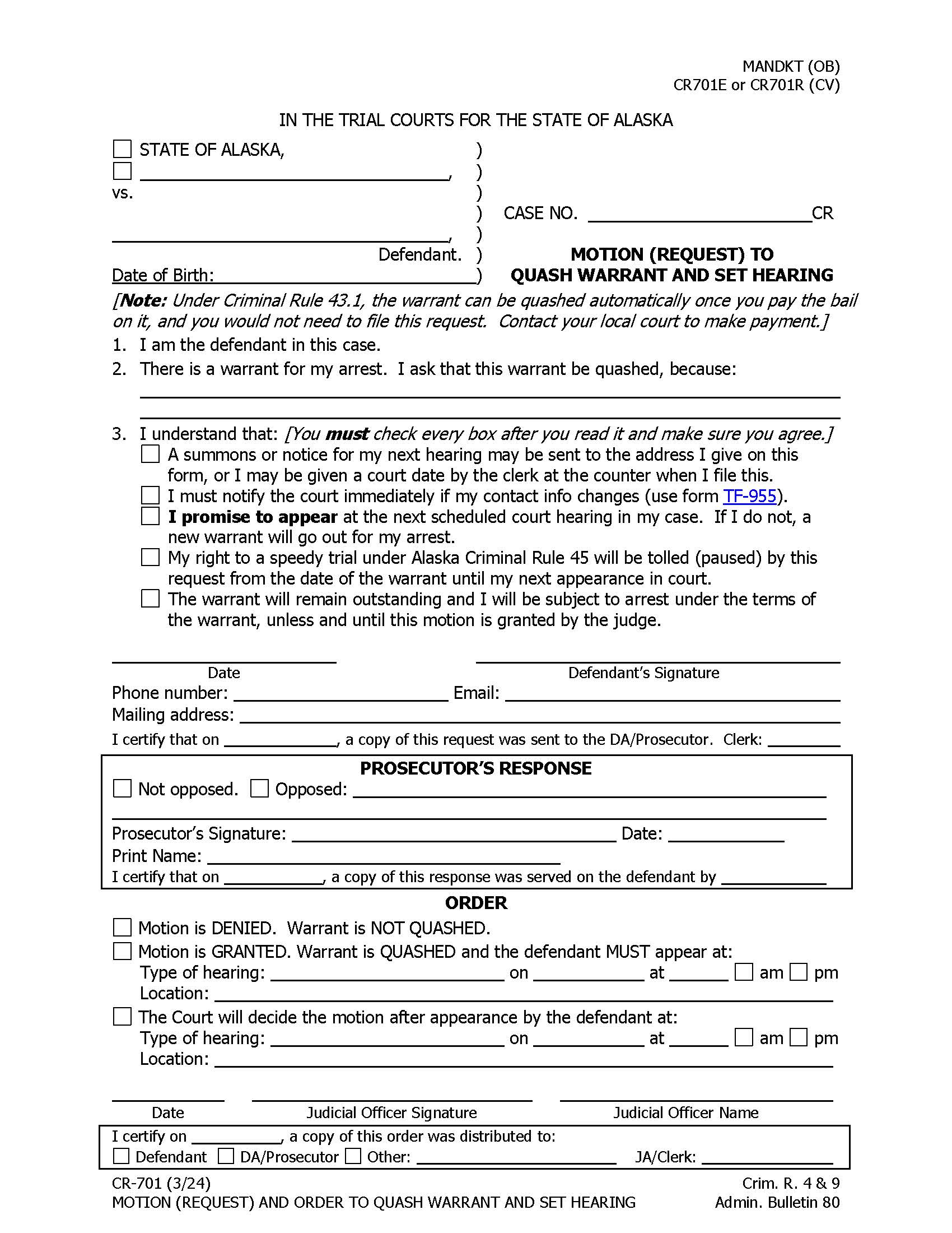 Motion To Quash Warrant Set Hearing {CR-701} | Pdf Fpdf Docx | Alaska