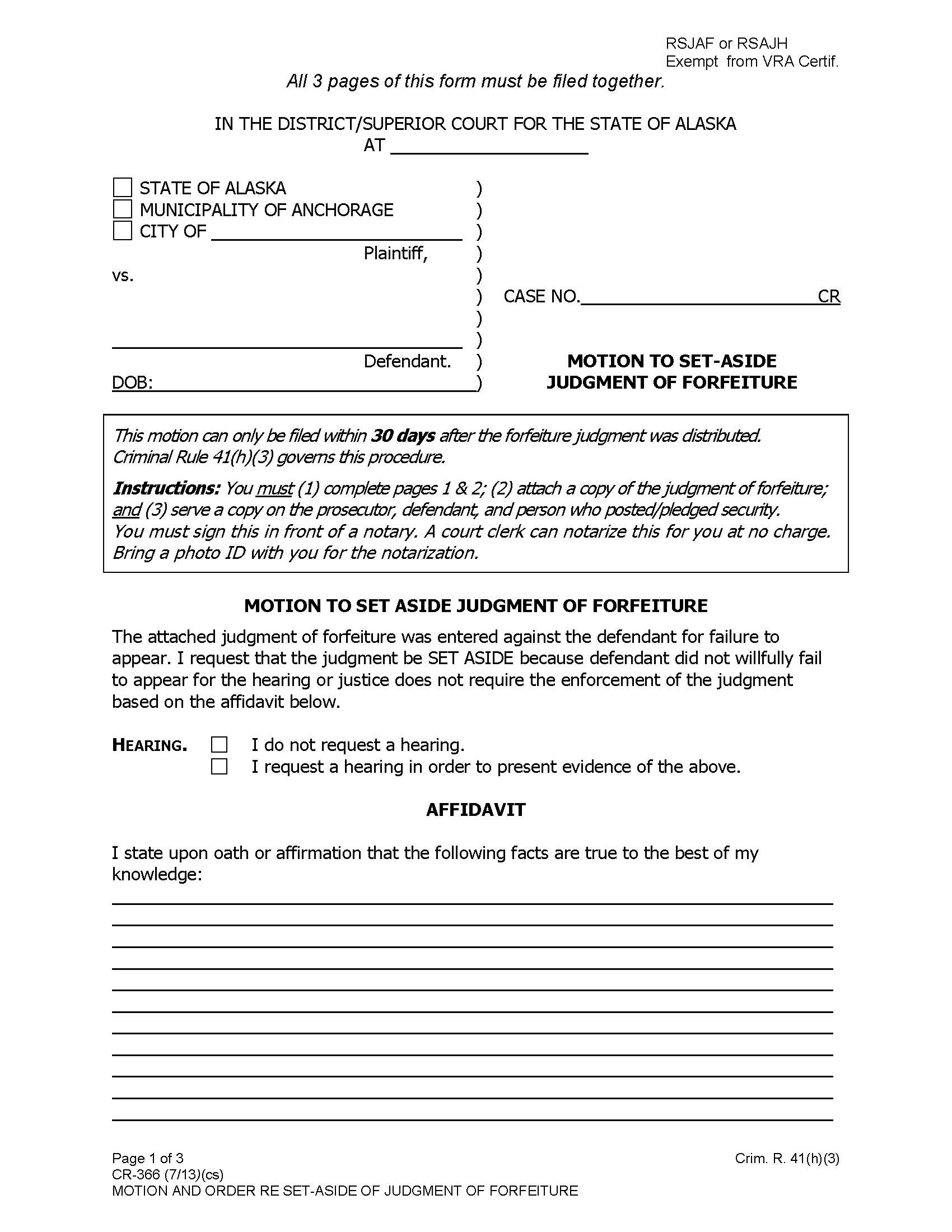 Motion To Set-Aside Judgment Of Forfeiture {CR-366} | Pdf Fpdf Docx | Alaska