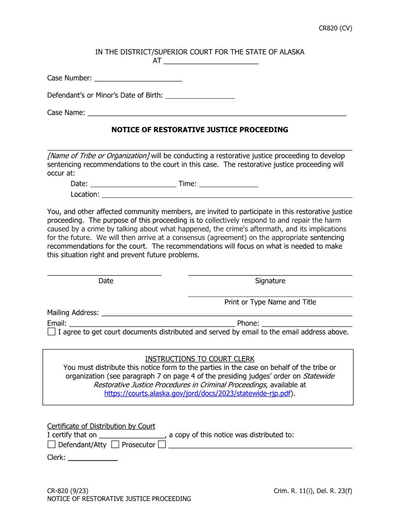 Notice Of Restorative Justice Proceeding {CR-820} | Pdf Fpdf Docx | Alaska
