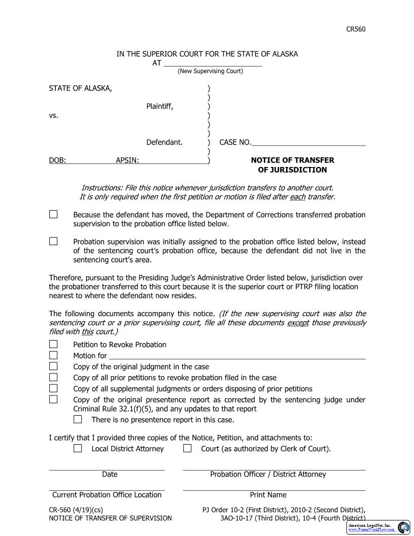 Notice Of Transfer Of Jurisdiction {CR-560} | Pdf Fpdf Docx | Alaska