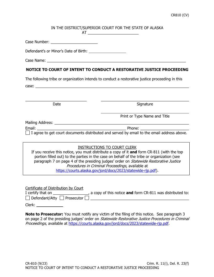 Notice To Court Of Intent To Conduct Restorative Justice Proceeding {CR-810} | Pdf Fpdf Docx | Alaska