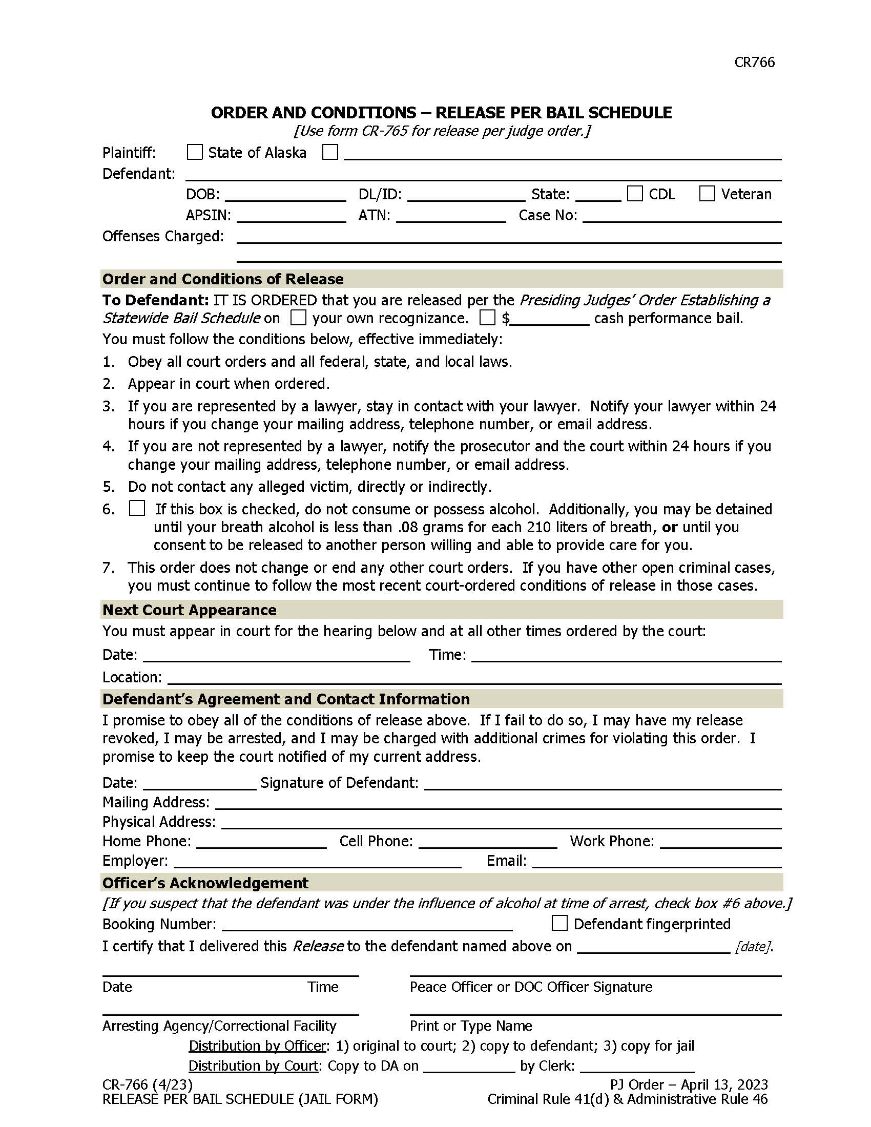 Order And Conditions Of Release Per Schedule {CR-766} | Pdf Fpdf Docx | Alaska