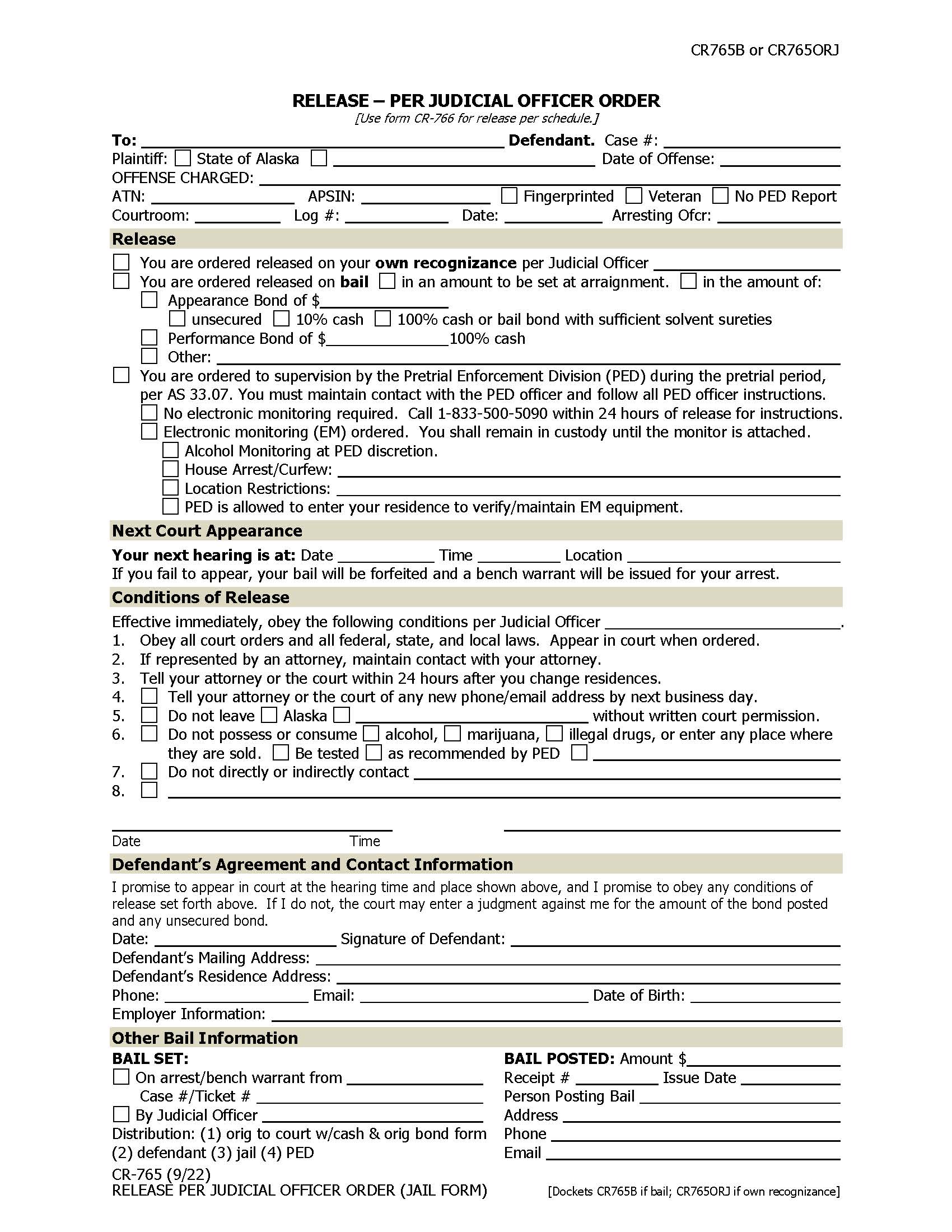 Release Per Judicial Officer Order Jail Form {CR-765} | Pdf Fpdf Docx | Alaska