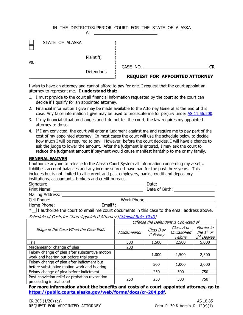 Request For Appointed Attorney {CR-205} | Pdf Fpdf Doc Docx | Alaska