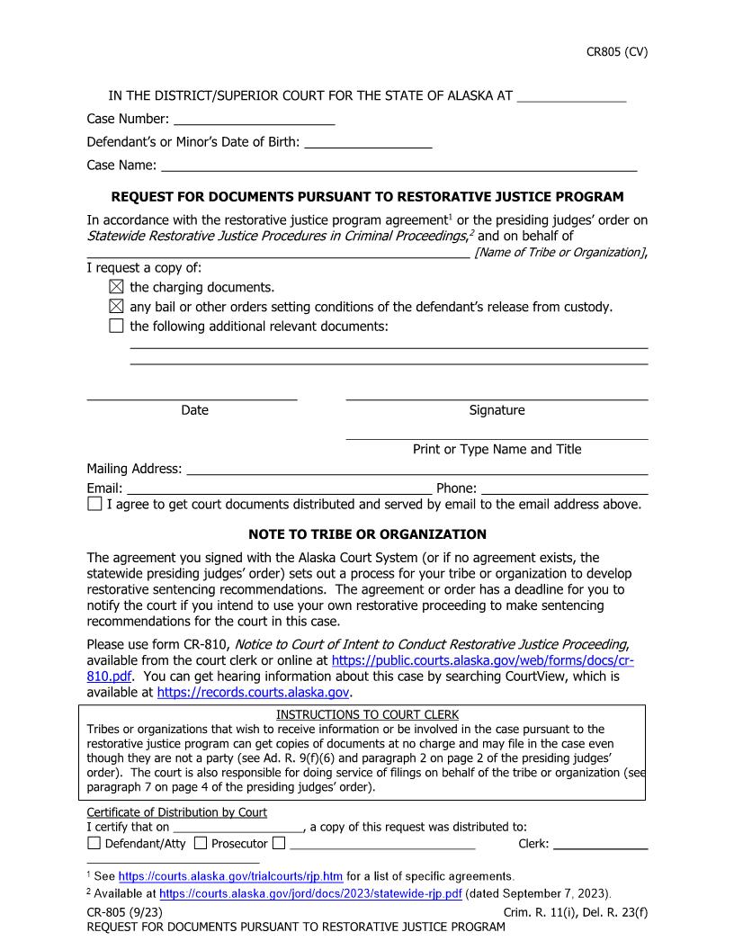 Request For Documents Pursuant To Restorative Justice Program {CR-805} | Pdf Fpdf Docx | Alaska