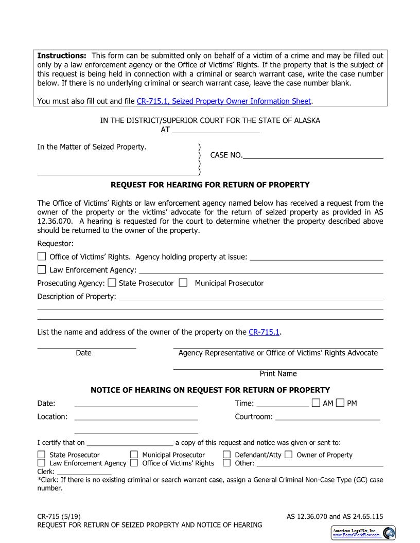 Request For Hearing For Return Of Property {CR-715} | Pdf Fpdf Docx | Alaska