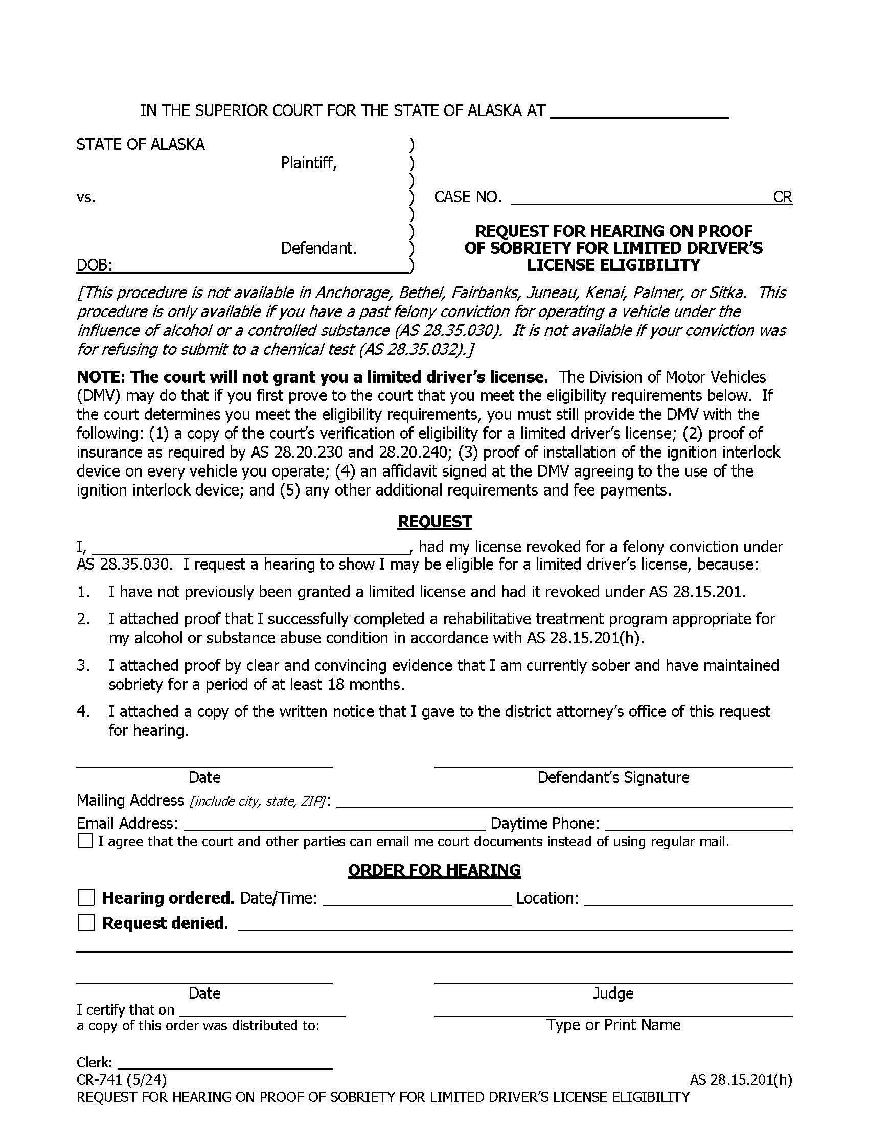 Request For Hearing On Proof Of Sobriety For Limited Drivers License Eligibility {CR-741} | Pdf Fpdf Docx | Alaska