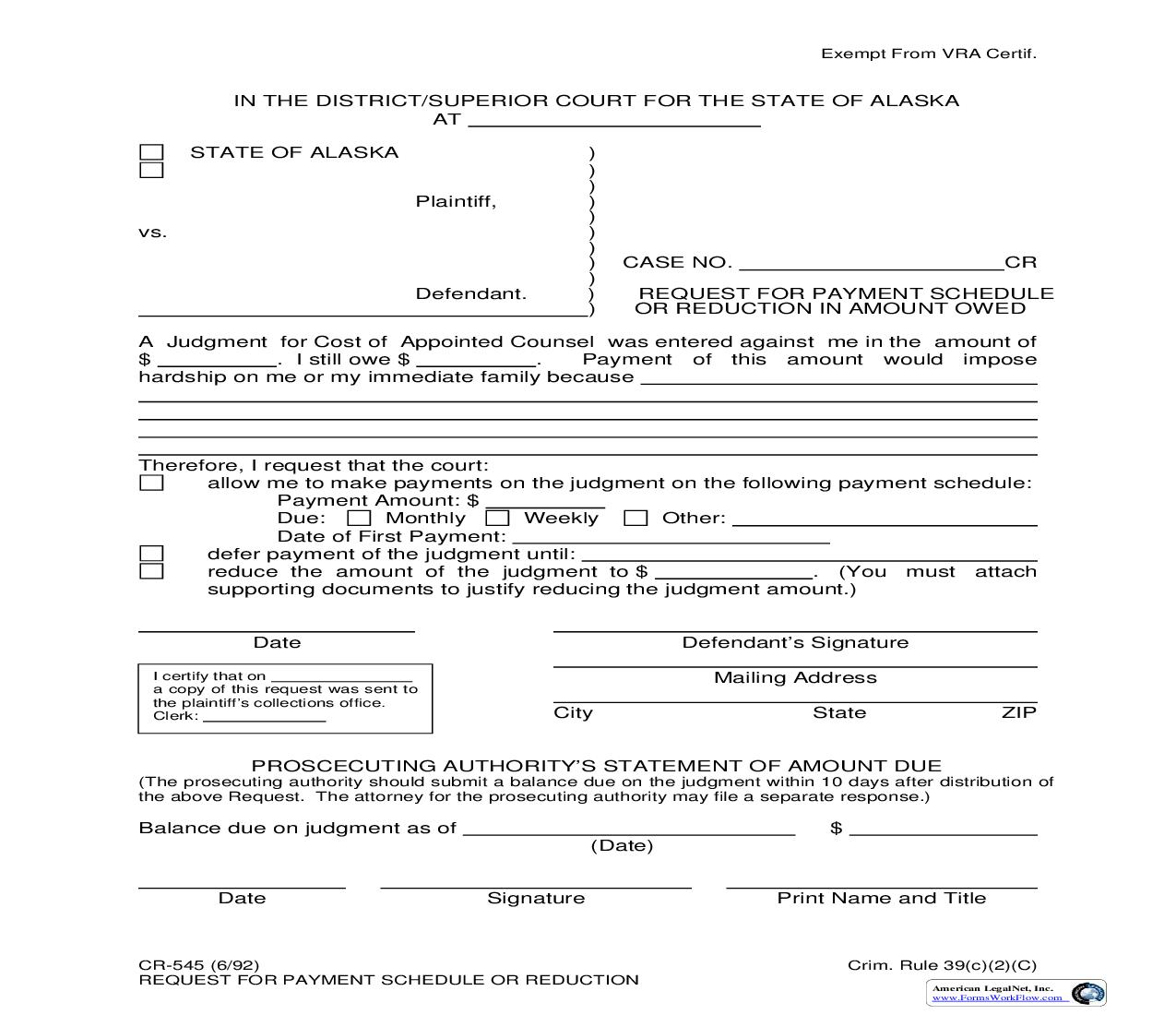 Request For Payment Schedule Or Reduction {CR-545} | Pdf Fpdf Doc Docx | Alaska