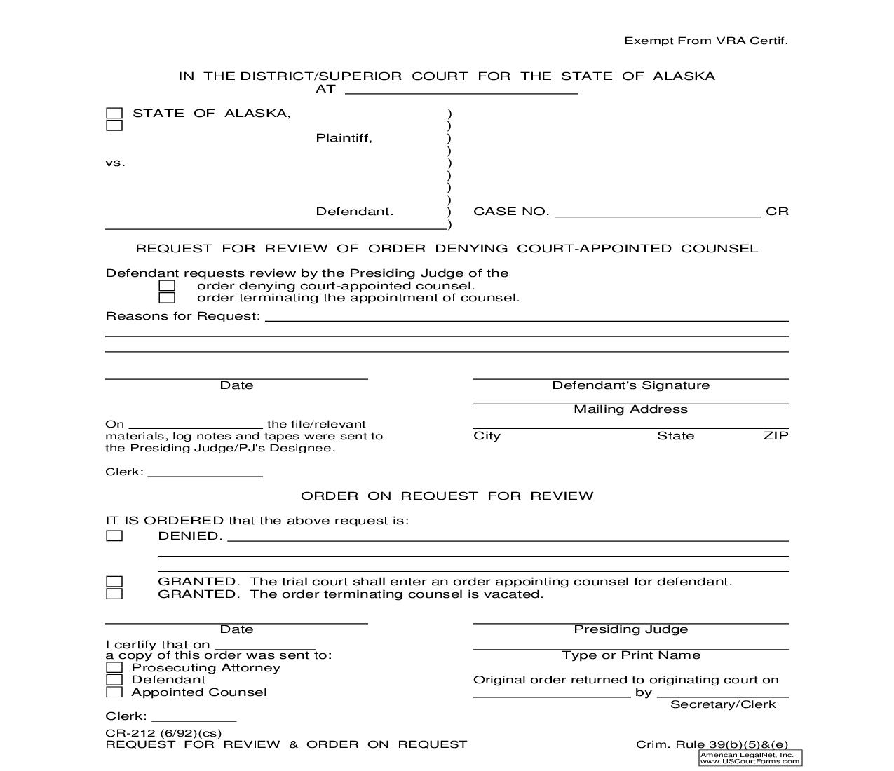 Request For Review Of Order Denying Court Appointed Counsel {CR-212} | Pdf Fpdf Doc Docx | Alaska