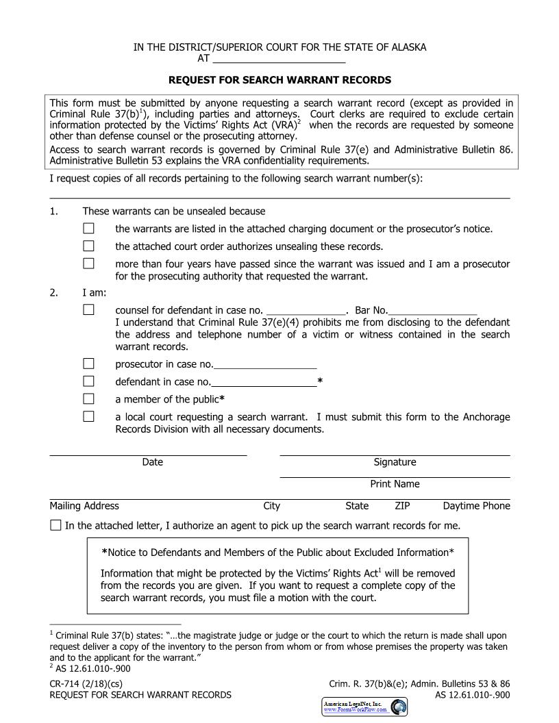 Request For Search Warrant Records {CR-714} | Pdf Fpdf Docx | Alaska
